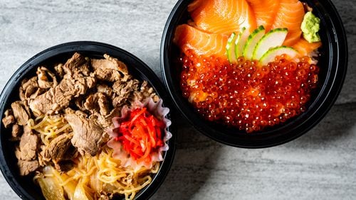 Two bentos from Sushi Hayakawa: beef donburi (left) and sake ikura don (salmon with salmon roe).