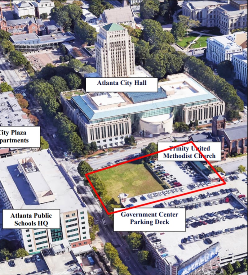 This image from Atlanta's request for proposals for the development of the site shows 104 Trinity Avenue SW, a city-owned acre of land targeted for affordable housing. (Screenshot)