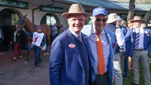 Dornoch (background), Keith Mason and Larry Connolly in Keeneland paddock before Bluegrass Stakes.