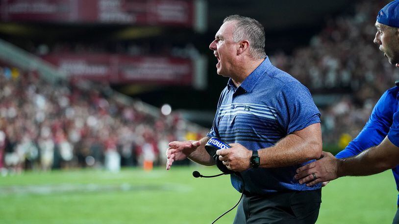 Georgia State coach Shawn Elliott reacts to a play in the 35-14 loss to South Carolina last Saturday in Columbia. (Daniel Wilson/Georgia State Athletics)
