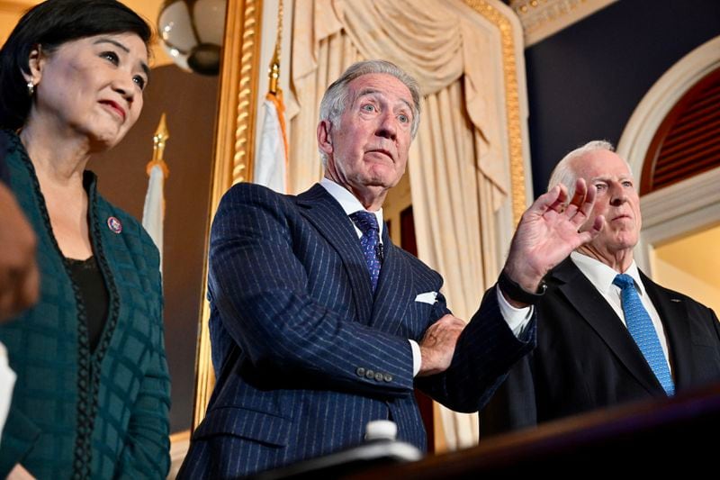 House Ways and Means Committee Chairman Rep. Richard Neal (D-Mass.), speaks to reporters after the House Ways & Means Committee voted to publicly release years of former President Donald Trump's tax returns, in Washington on Dec. 20, 2022. On the left is Rep. Judy Chu, (D-Calif.) and on the right right is Rep. Mike Thompson, (D-Calif.). (Kenny Holston/The New York Times)