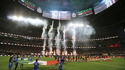 Fireworks fill Mercedes-Benz stadium as Mexico and Venezuela prepare to play in a soccer match Wednesday, June 5, 2019.  Curtis Compton/ccompton@ajc.com
