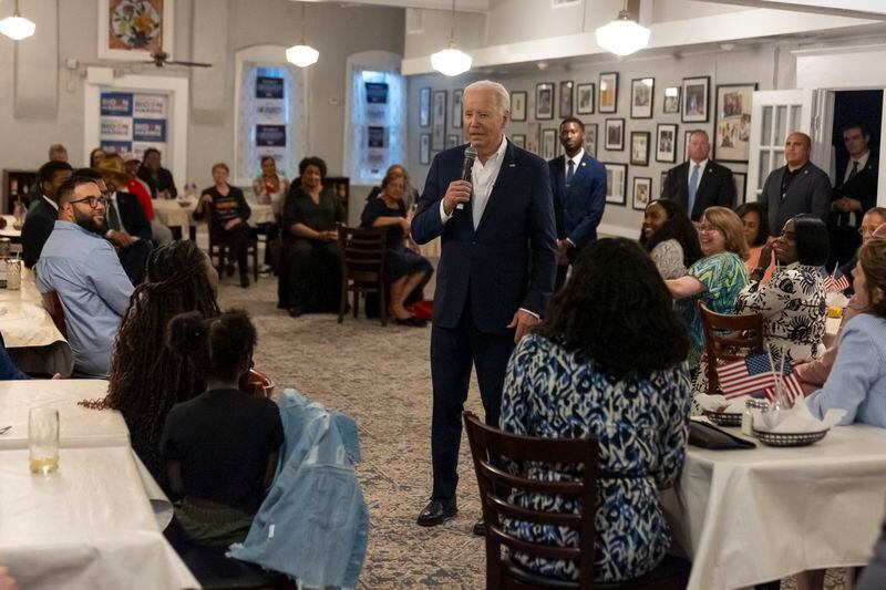 President Joe Biden speaks with supporters at Mary Mac's Tea Room in Atlanta on Saturday.