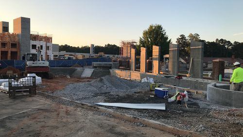 Work on the concrete walls is nearing completion at Sugar Hill’s Veterans Memorial Plaza. (Courtesy City of Sugar Hill)