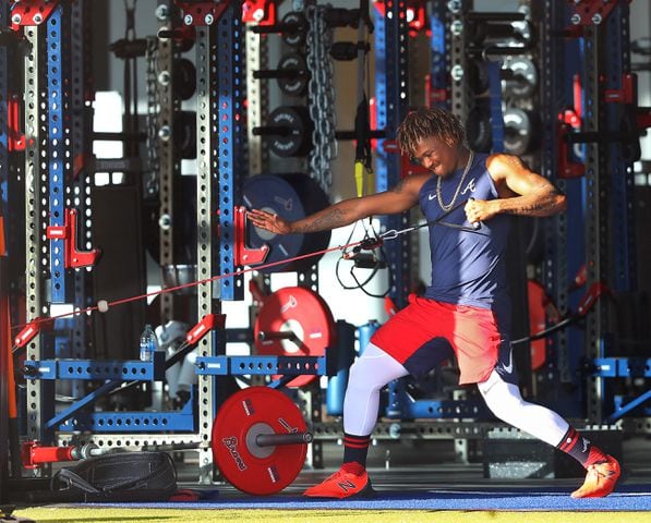 Feb. 18, 2020 North Port, FL: Atlanta Braves outfielder Ronald Acuna works out in the weight room before hitting the field for the first full squad workout of spring training at CoolToday Park on Tuesday, Feb. 18, 2020, in North Port.  Curtis Compton ccompton@ajc.com