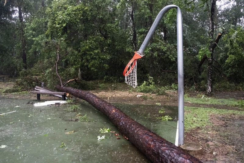 A basketball hoop is damaged by a fallen tree during a severe storm, Thursday, May 2, 2024 in Spring, Texas. (Brett Coomer/Houston Chronicle via AP)