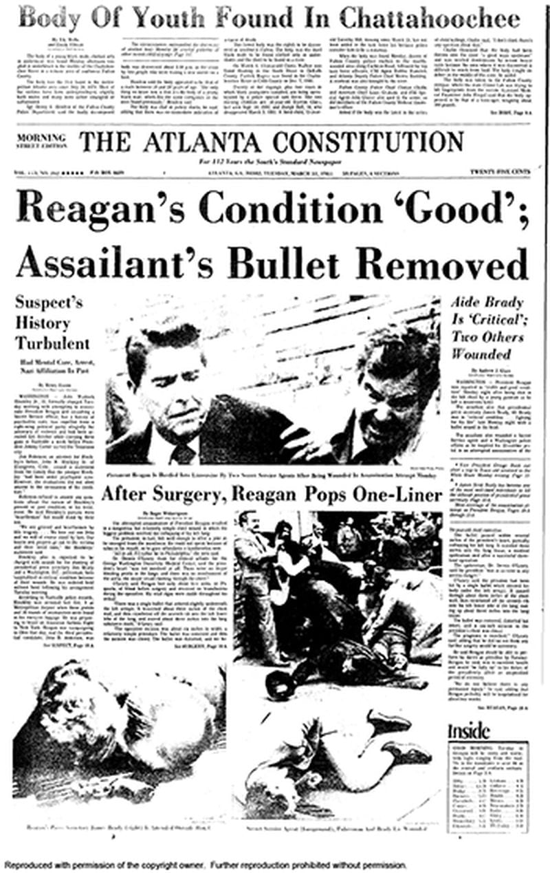 The Tuesday, March 31, 1981, front page of the Constitution juxtaposed the assassination attempt on President Ronald Reagan with the discovery of yet another child's body in what came to be known as the Atlanta Child Murders.