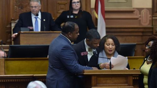 Rep. Renitta Shannon does not stop speaking after her time ran out as she speaks to oppose HB 481, which would outlaw abortions once a doctor can detect a heartbeat in the womb, in the House during Crossover day. HYOSUB SHIN / HSHIN@AJC.COM