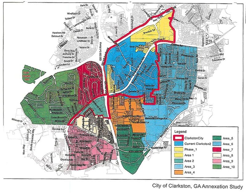 The areas outlined in red on this map are the current city limits of Clarkston. The neighborhoods outside of it are targeted for annexation under a recent proposal. That includes North DeKalb Mall, shown in green on the far left side of the map. (City of Clarkston)