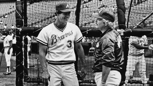 Dale Murphy (left) and teammate Bob Horner wait for their turns in the batting cage during the 1982 season.