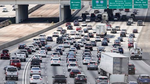 Memorial Day weekend traffic on I-75/I-85 southbound in Atlanta is shown on Friday, May 27, 2022. Expect similar jams for the Independence Day holiday weekend, experts say. (Natrice Miller / natrice.miller@ajc.com)