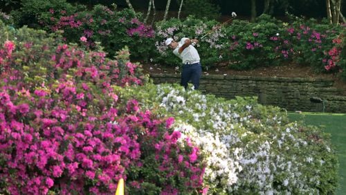 Hideki Matsuyama tees off on the 13th hole during the Masters Tournament Sunday, April 11, 2021, at Augusta National Golf Club in Augusta. (Curtis Compton/ccompton@ajc.com)