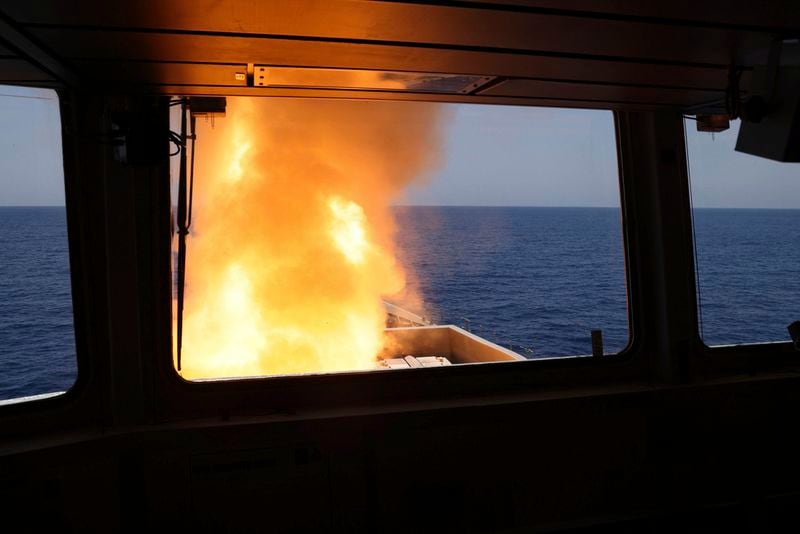 In this photo provided by the Ministry of Defence (MoD), a Sea Viper missile is launched from HMS Diamond to shoot down a missile fired by the Iranian-backed Houthis from Yemen, Wednesday, April 24, 2024. Yemen’s Houthi rebels fired a large barrage of drones and missiles targeting shipping in the Red Sea Wednesday. (LPhot Chris Sellars/MoD Crown copyright via AP)