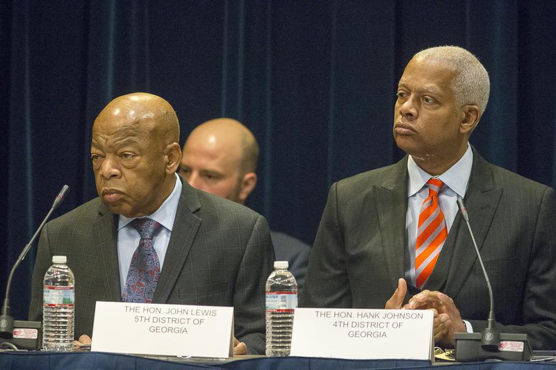 02/19/2019 -- Atlanta Georgia -- U.S. Rep. John Lewis[cq] (left), D-Georgia, and U.S. Rep. Hank Johnson[cq](right), D-Georgia, listen to speakers during a field hearing on voting rights and difficulties facing voters in front of the United States House Administration Committee's elections subcommittee, chaired by U.S. Rep. Marcia Fudge, D-Ohio, at the Jimmy Carter Presidential Center in Atlanta, Tuesday, February 19, 2019. (ALYSSA POINTER/ALYSSA.POINTER@AJC.COM)