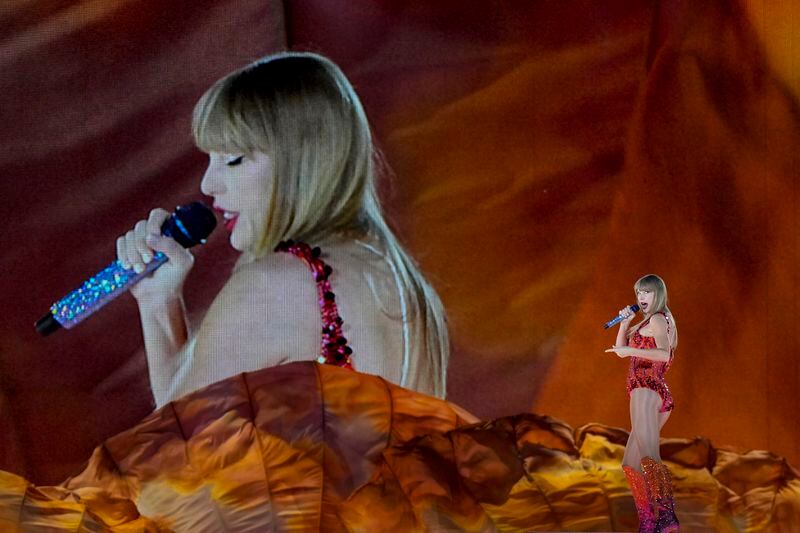 Taylor Swift performs at the Paris Le Defense Arena as a part of her Eras Tour concert in Paris, Thursday, May 9, 2024. (AP Photo/Lewis Joly)