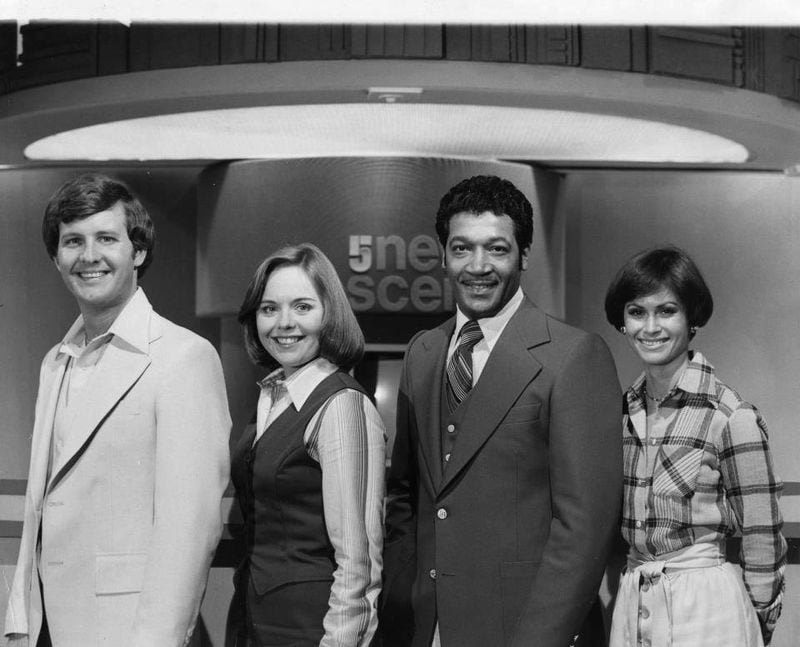 Here's a pic from her WAGA-TV days as a weekend weather girl from the late 1970's. From left to right is sports anchor Bill Hartman, news anchors Sharon Summers and Ken Roberts, and weather girl Virginia Gunn.