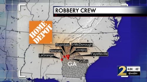 The man and woman have robbed seven different Home Depots in the south metro Atlanta area, police said.