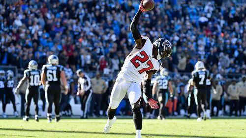 Falcons safety Damontae Kazee reacts after an interception against the Carolina Panthers Sunday, Nov. 17, 2019, at Bank of America Stadium in Charlotte.