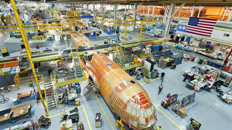 Lockheed Martin hopes to win a new contract for an Air Force tanker jet. This photo shows the production line for the C-130J Super Hercules aircraft at the Lockheed Martin plant in Cobb County. Photo: Lockheed Martin