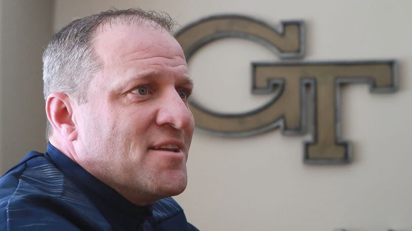 Georgia Tech tight ends coach Chris Wiesehan takes questions during a media session at Bobby Dodd Stadium on Thursday, Jan. 10, 2019. Credit: Curtis Compton/ccompton@ajc.com