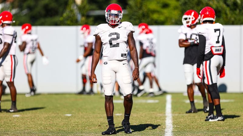 Georgia defensive back Richard LeCounte (2) looks for direction from sidelines during the Bulldogs’ practice session Monday, Sept. 21, 2020, in Athens. (Tony Walsh/UGA Sports)