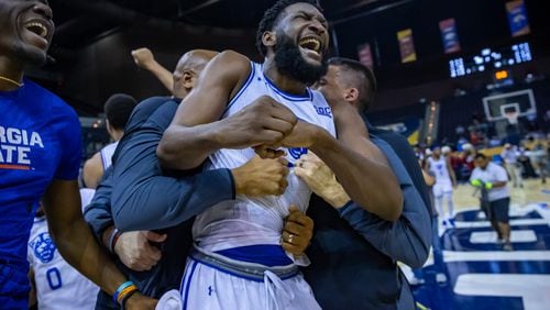 Championship Monday at the Sun Belt basketball tournament at the Pensacola Bay Center on March 7, 2022 in Pensacola, Florida, Georgia State's Eliel Nsoseme unleashed all his emotions after the Panthers won the Sun Belt Championship. (AJ Henderson/Sun Belt Conference)