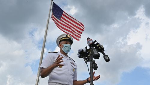 July 2, 2020 Lawrenceville - U.S. Surgeon General Jerome Adams speaks during a press conference amid a rise in coronavirus cases in Gwinnett County outside the Louise Radloff Administrative Building in Lawrenceville on Thursday, July 2, 2020. (Hyosub Shin / Hyosub.Shin@ajc.com)