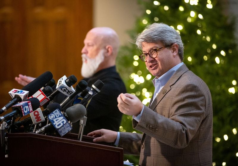  Voting System Implementation Manager Gabriel Sterling talks at a press conference as deaf interpreter David Cowan translates in the background Monday at the State Capital November 7, 2020.  STEVE SCHAEFER FOR THE ATLANTA JOURNAL-CONSTITUTION