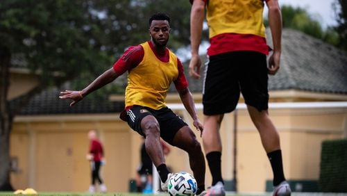 Atlanta United midfielder Mo Adams #29 works with the ball at training during the MLS is Back Tournament at ESPN Wide World of Sports Complex Sunday July 5, 2020, in Orlando, Fla. The MLS is Back Tournament kicks off July 8 and is the resumption of Major League Soccer’s 25th season after a three-month postponement during the Covid-19 pandemic. (Jacob Gonzalez/Atlanta United)