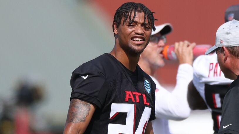072722 Flowery Branch, Ga.: Atlanta Falcons cornerback A.J. Terrell (24) during the first day of Falcons training camp at the Falcons Practice Facility Wednesday, July 27, 2022, in Flowery Branch, Ga. (Jason Getz / Jason.Getz@ajc.com)