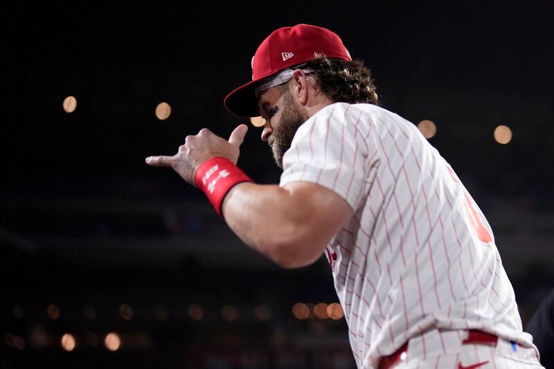 Philadelphia Phillies' Bryce Harper reacts after the Phillies won a baseball game against the Toronto Blue Jays, Tuesday, May 7, 2024, in Philadelphia. (AP Photo/Matt Slocum)
