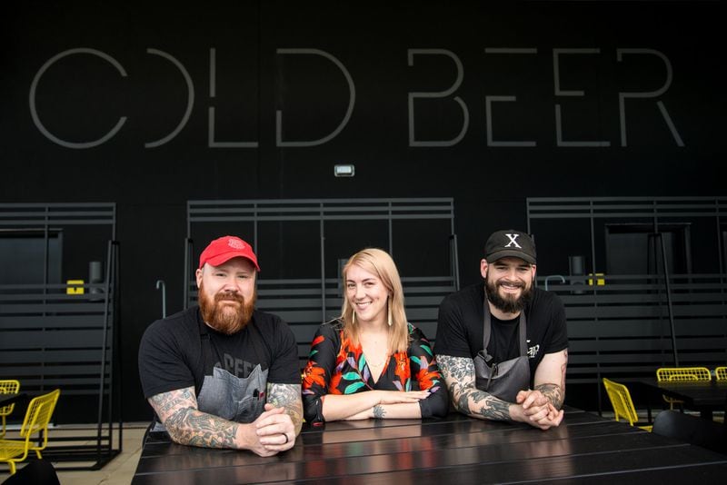 Cold Beer team (from left to right) Chef and Owner Kevin Gillespie, Beverage Director Mercedes O'Brien, and Chef de Cuisine Brian Baxter. Photo credit- Mia Yakel.