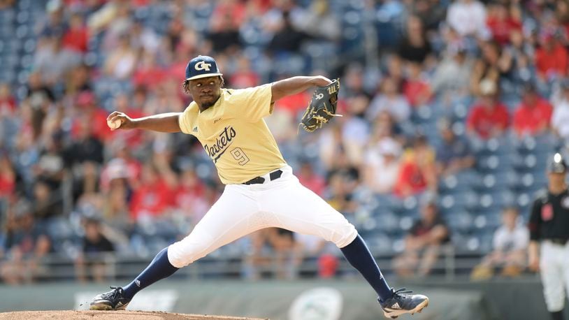 Georgia Tech’s Marquis Grissom, Jr. (9) delivers a pitch in the first inning of the Spring Classic for Kids baseball game Sunday, March 6, 2022 at Coolray Field in Lawrenceville. (Daniel Varnado/For the Atlanta Journal-Constitution)