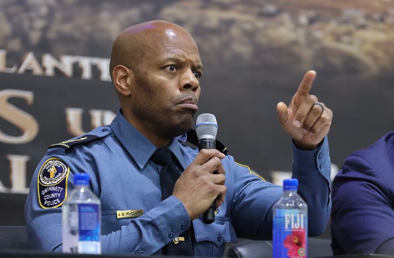 Gwinnett County Police Chief J.D. McClure talks to members of the community during a town hall to address youth violence at Universal Church in Norcross on Thursday, March 9, 2023. (Natrice Miller/ Natrice.miller@ajc.com)