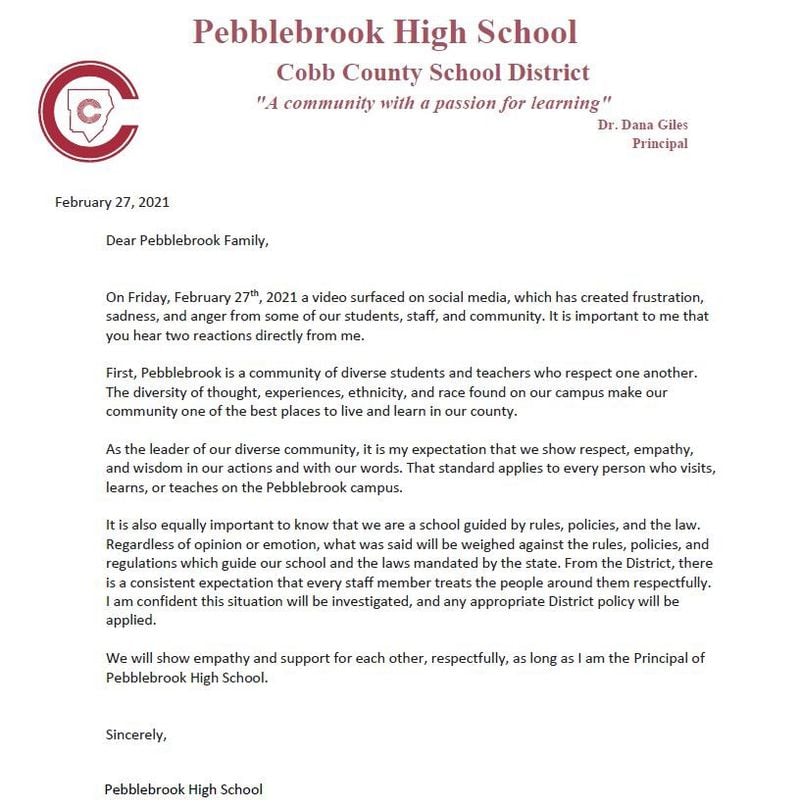 Pebblebrook High School Principal Dr. Dana Giles sent out a letter Saturday following comments made by teacher Susan McCoy over the police killing of Breonna Taylor.