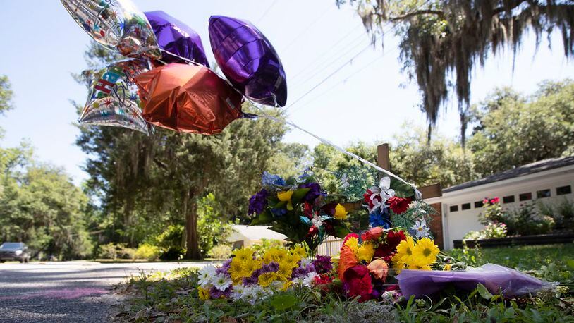 A memorial at the spot where Ahmaud Arbery was shot and killed is shown Friday, May 8, 2020, in Brunswick, Ga.
