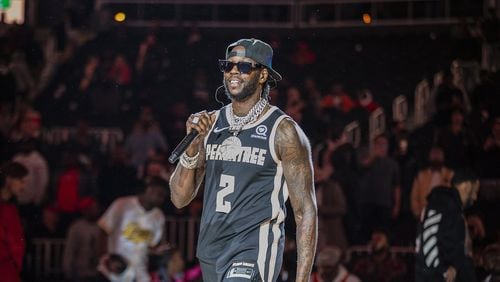 2 Chainz performed with Sleepy Rose, an artist on his T.R.U. record label, at halftime during the first Peachtree Night at State Farm Arena on Nov. 20, 2019. The rapper's record label now has a partnership with Atlantic Records. Photo: Terence Rushin/Courtesy of the Atlanta Hawks