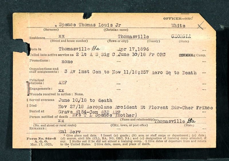 A card documenting Spence's service in the American Expeditionary Forces in World War I. (Courtesy St. Mihiel American Cemetery)