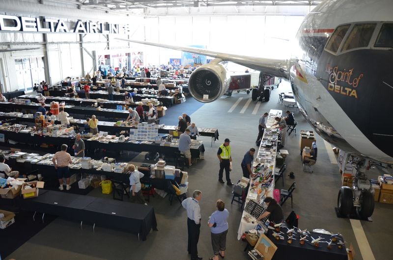 The Airliners International 2015 memorabilia show has 250 dealer tables beneath "The Spirit of Delta" Boeing 767 in the Delta Flight Museum near Hartsfield-Jackson International Airport. (Kelly Yamanouchi / kyamanouchi@ajc.com)