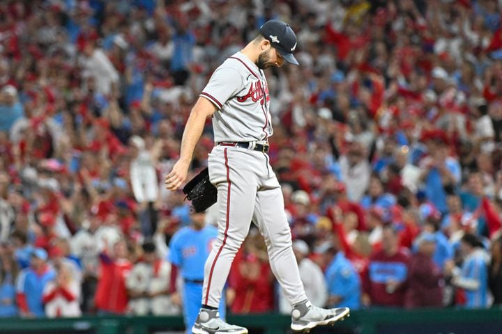 Atlanta Braves starting pitcher Spencer Strider (99) reacts after giving up a solo home run to Philadelphia Phillies’ Trea Turner during the fifth inning of NLDS Game 4 at Citizens Bank Park in Philadelphia on Thursday, Oct. 12, 2023.   (Hyosub Shin / Hyosub.Shin@ajc.com)