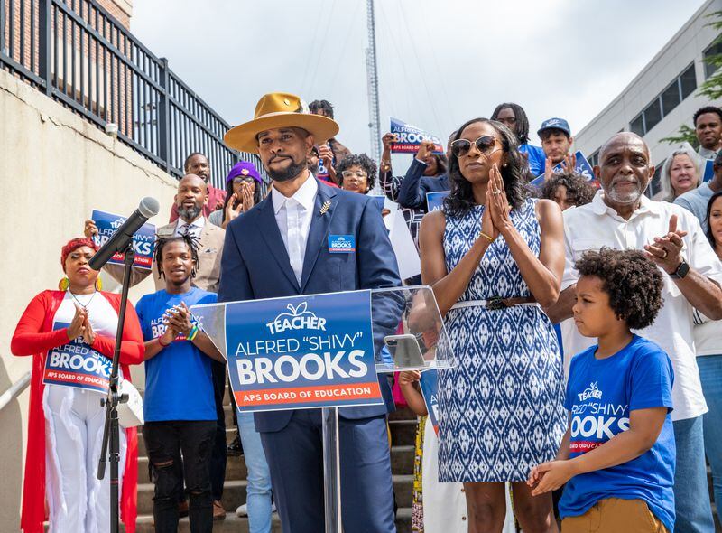 Alfred "Shivy" Brooks kicks off his campaign for the At-Large District 7 seat of the Atlanta Public Schools across the street from Maynard Jackson High School on Friday, June 16, 2023. (Jenni Girtman for The Atlanta Journal-Constitution)