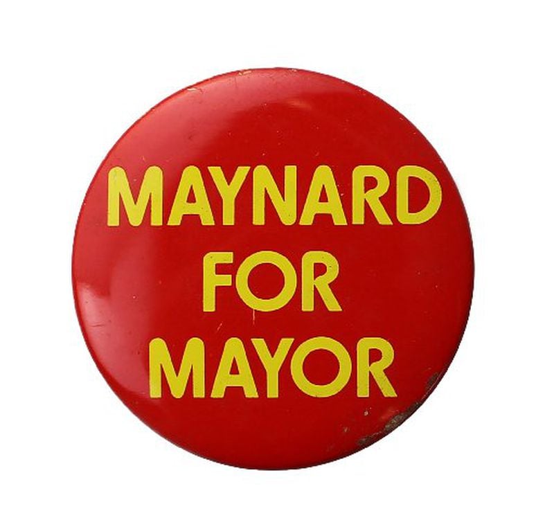 A Maynard Jackson mayoral campaign button. Jackson (1938-2003) was elected mayor of Atlanta in 1973, the first African American to serve as mayor of a major southern city. AJC file photo.