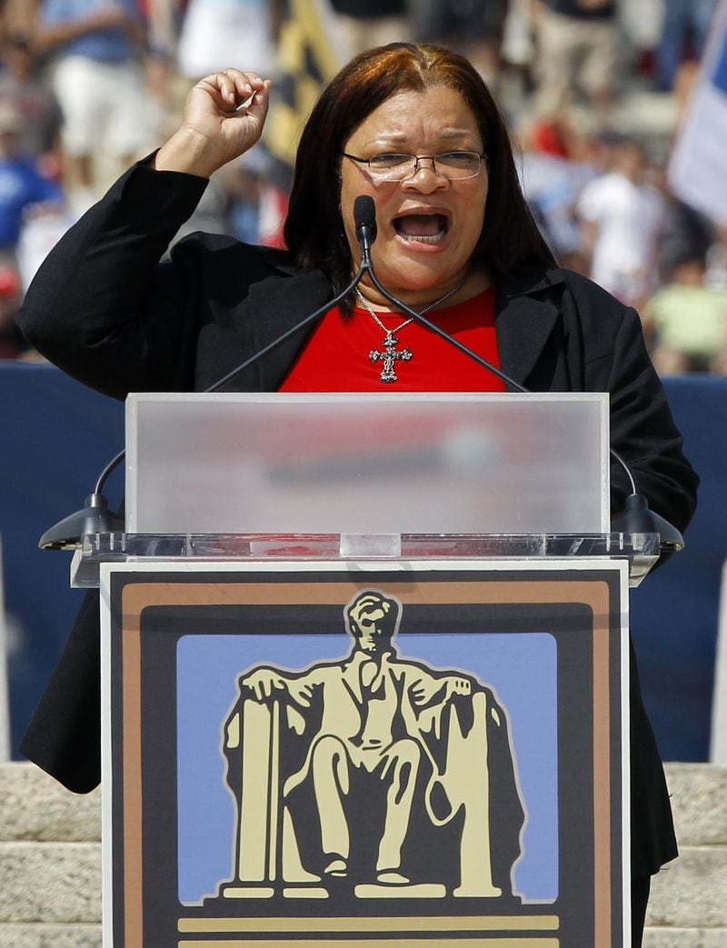 FILE - In this Aug. 28, 2010 file photo, Alveda King, the niece of Martin Luther King, Jr., speaks during the Glenn Beck “Restoring Honor” rally in front of the Lincoln Memorial in Washington. Abortion and race, two of America’s most volatile topics, have intersected in recent flare-ups related to the disproportionately high rate of abortion among black women. King said there were ways to support black families without endorsing more spending for major government social programs - she mentioned crisis pregnancy centers and support for home-school parents. As for unintended pregnancies, she said they could be reduced through abstinence. (AP Photo/Alex Brandon, File)