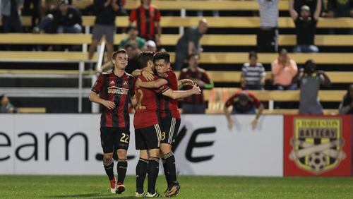 Atlanta United celebrates Ezequiel Barco's goal on Wednesday in Charleston. (Atlanta United)
