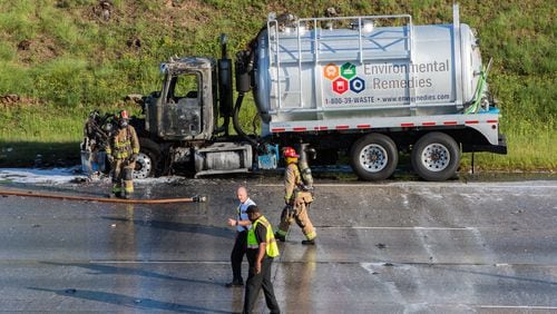 College Park firefighters put out a fire on a small tanker truck in the southbound lanes of I-85 near Camp Creek Parkway.
