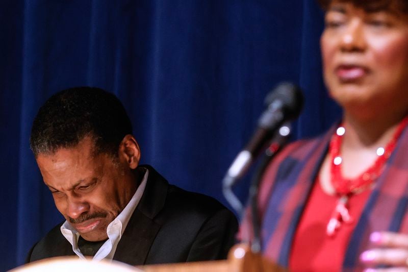 (Left to right) Isaac Newton Farris, Jr. sheds a tear as Rev. Dr. Bernice King speaks about the passing and legacy legacy of his mother Christine King Farris at The King Center in Atlanta on Friday, June 30, 2023 at the (Natrice Miller/ Natrice.miller@ajc.com)

