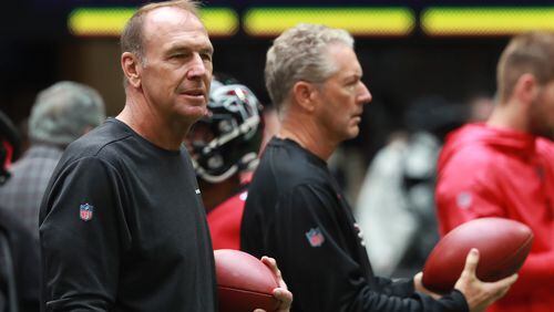 tlanta Falcons tight ends coach Mike Mularkey (left) and offensive coordinator Dirk Koetter (right) prepare the team to play the Los Angeles Rams in an NFL football game on Sunday, October 20, 2019, in Atlanta.    Curtis Compton/ccompton@ajc.com