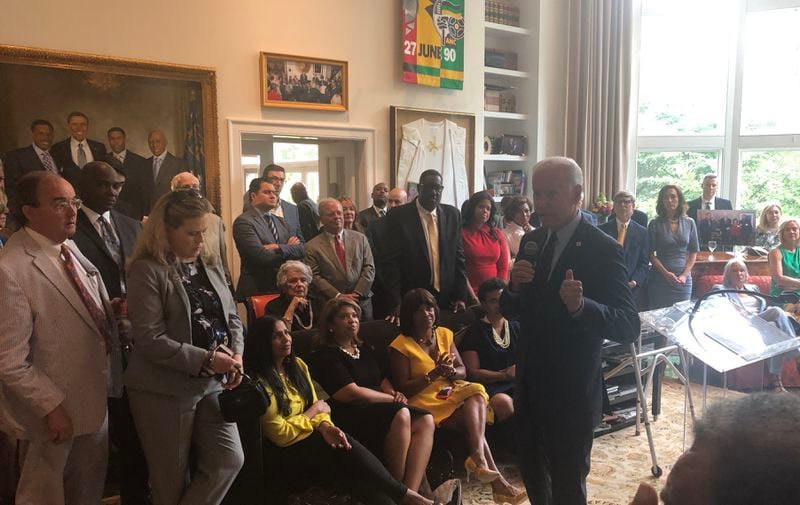 Joe Biden speaks at a fundraiser at an Ansley Park mansion. AJC/Greg Bluestein