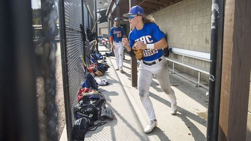 Georgia Highlands College freshman Ashton Lansdell prepares to run to second base to play outfield during a baseball intrasquad scrimmage at the Lakepoint Sports Complex in Emerson on Sept. 26, 2019. Ashton, the only female to play on the college’s baseball team, is a redshirt, so she can use this year to develop without losing any of her eligibility. ALYSSA POINTER / ALYSSA.POINTER@AJC.COM