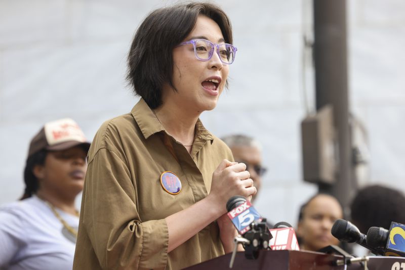 Scarlett Mayoralgo speaks as a part of the ‘Vote to Stop Cop City’ coalition during a press conference to launch a referendum campaign to put Cop City on the ballot outside of Atlanta City Hall, Wednesday, June 7, 2023, in Atlanta. (Jason Getz / Jason.Getz@ajc.com)